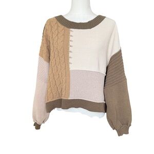 POL Olive, Cream, Tan Oversized Chunky Cable/Mixed Knit LS Sweater Size S